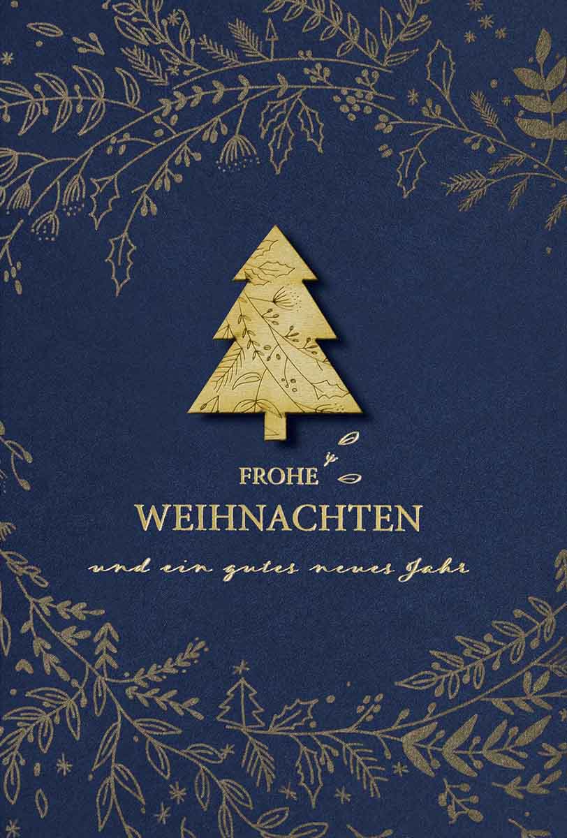 Exclusive Weihnachtskarte mit Baum in Echtholz, floralem Druck und goldenem Gruß