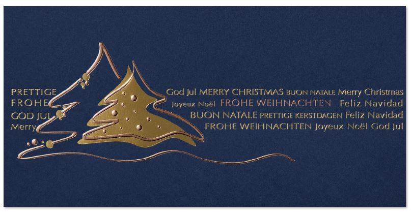 Blaue Weihnachtskarte mit internationalen Grüßen und Weihnachtsbäumen in Goldfolienprägung