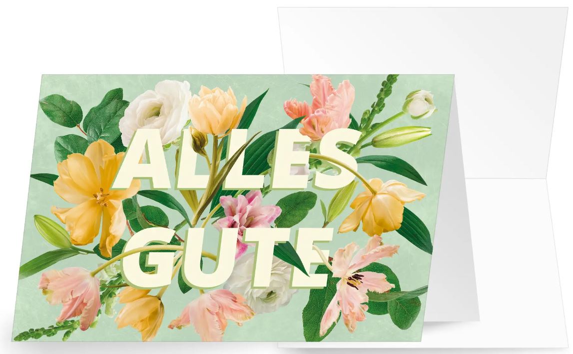 Glückwunschkarte mit vielen Blüten und Blättern sowie dem Schriftzug "Alles Gute" als Klappkarte