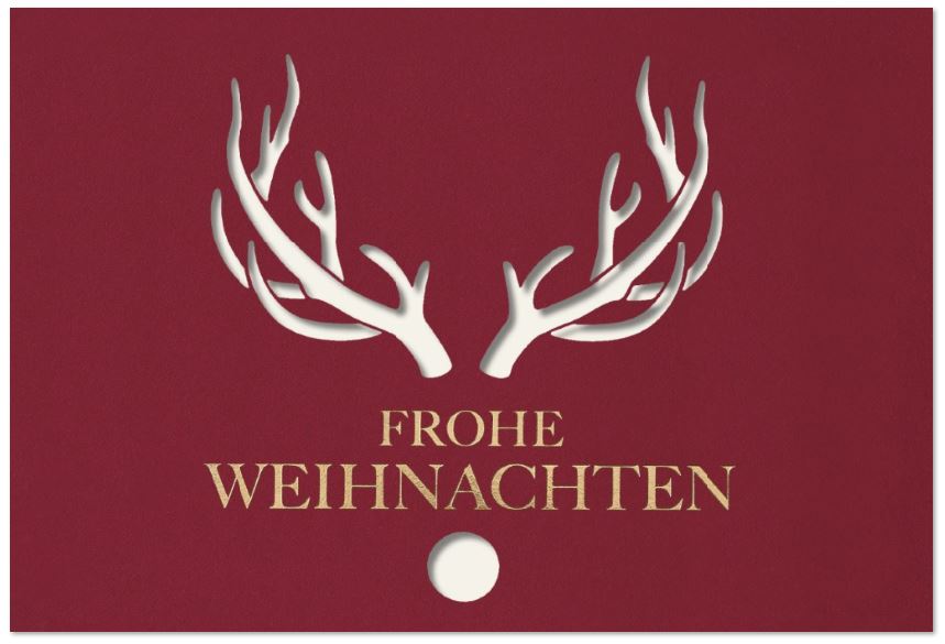 Rote Laser-Weihnachtskarte mit "Frohe Weihnachten" in gold und Einlegeblatt in weiß