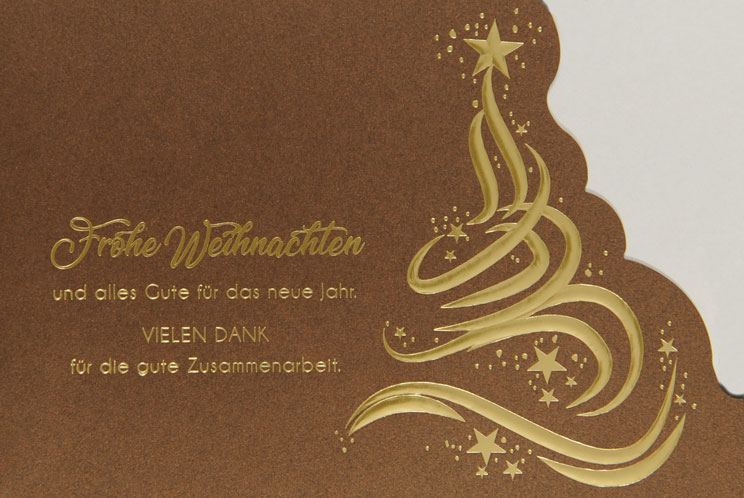Bronzefarbene Metallic-Weihnachtskarte mit Weihnachtsbaum und Danke für gute Zusammenarbeit