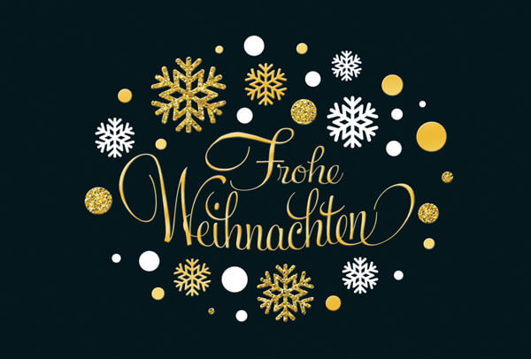 Weihnachtskarte in schwarz mit edler Goldfolienprägung, Schneeflocken und Gruß Frohe Weihnachten