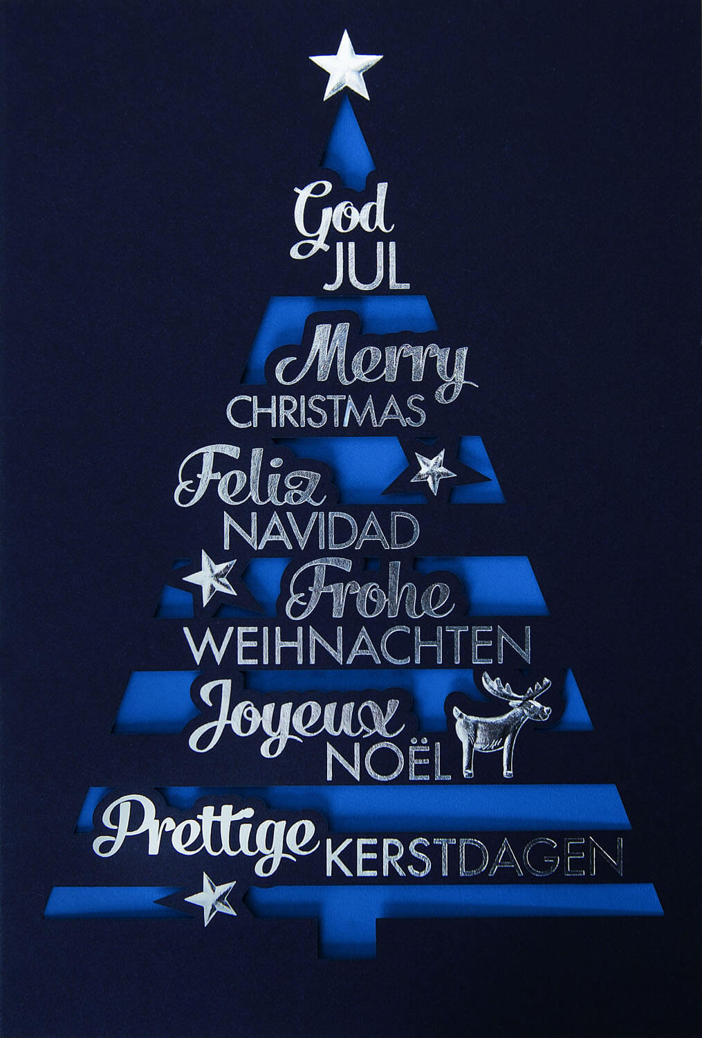 Weihnachtskarte mit Weihnachtsbaum und internationalen Weihnachtsgrüßen - Einleger blau