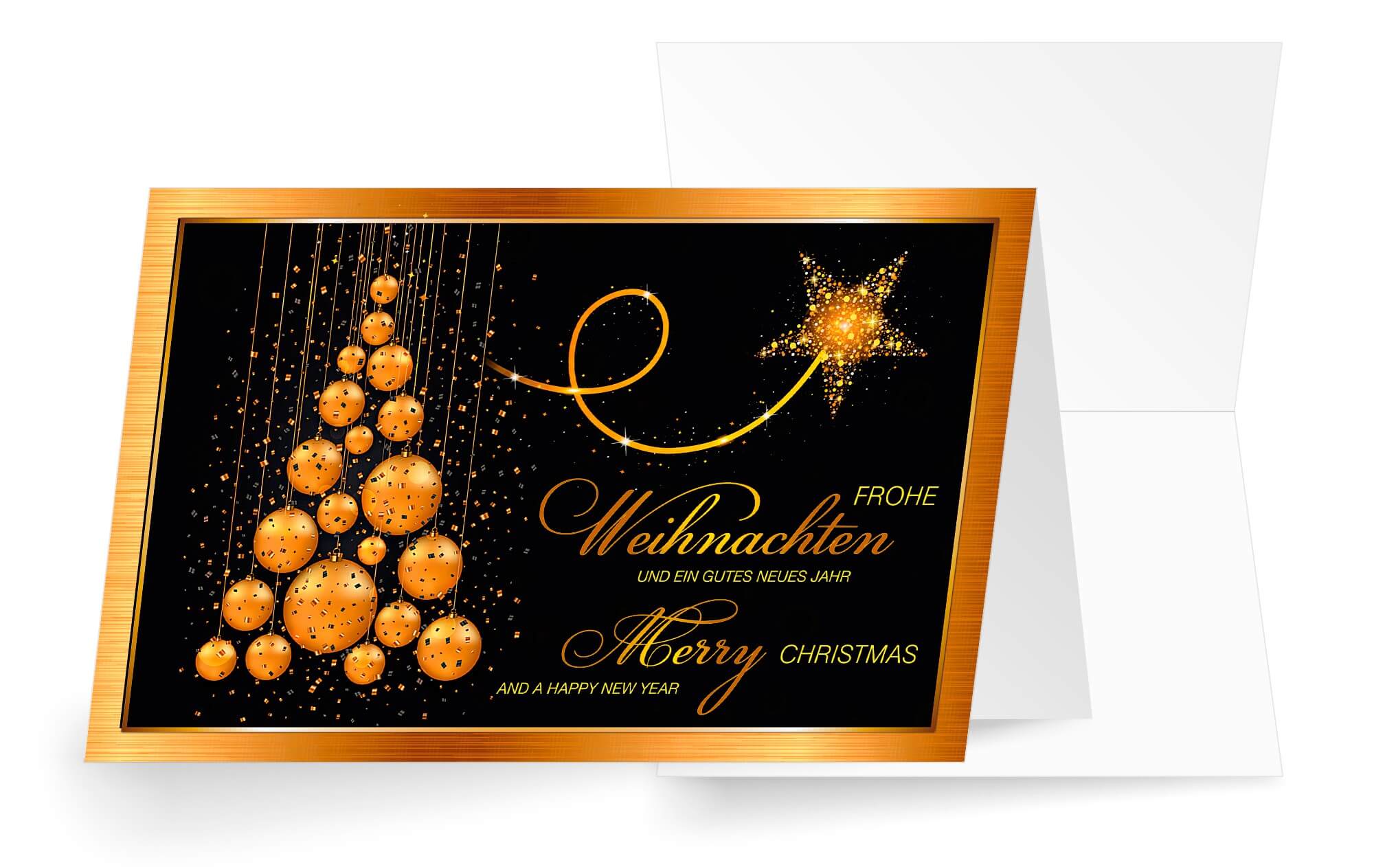 Luxuriöse Weihnachtskarte gold und schwarz mit goldenen Kugeln und Stern