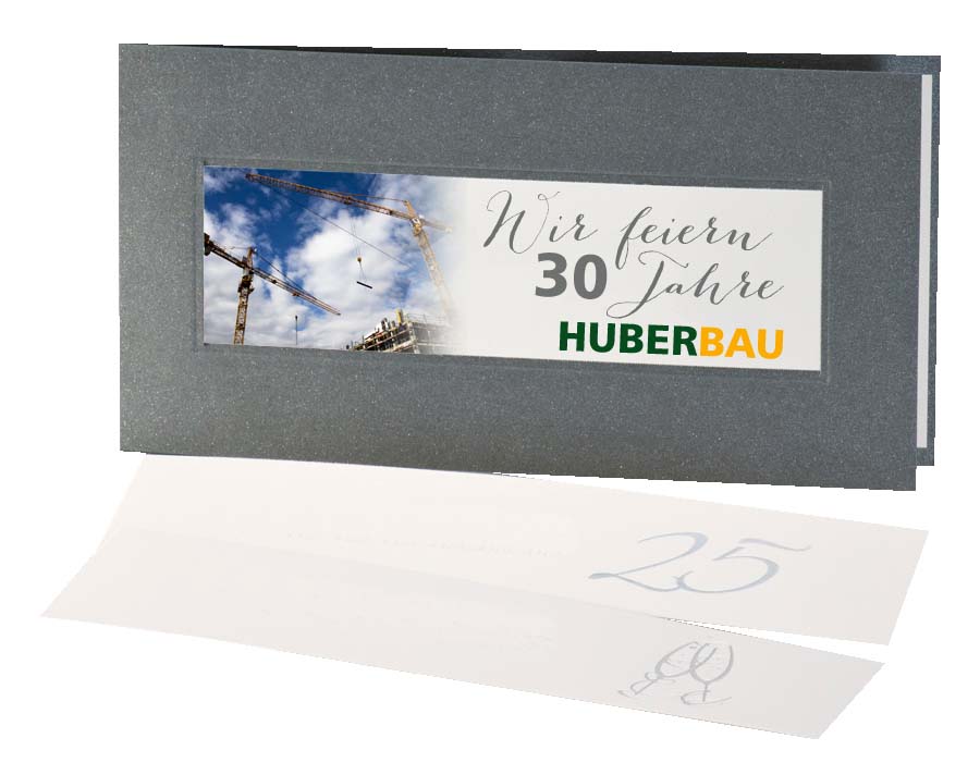 Firmenjubiläum Einladungskarte in anthrazit grau, mit eigenem Foto und Firmenlogo im Corporate Identity