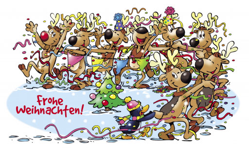 Fröhliche Weihnachtskarte mit Rentieren bei einer ausgelassenen Party und Weihnachtsgruß