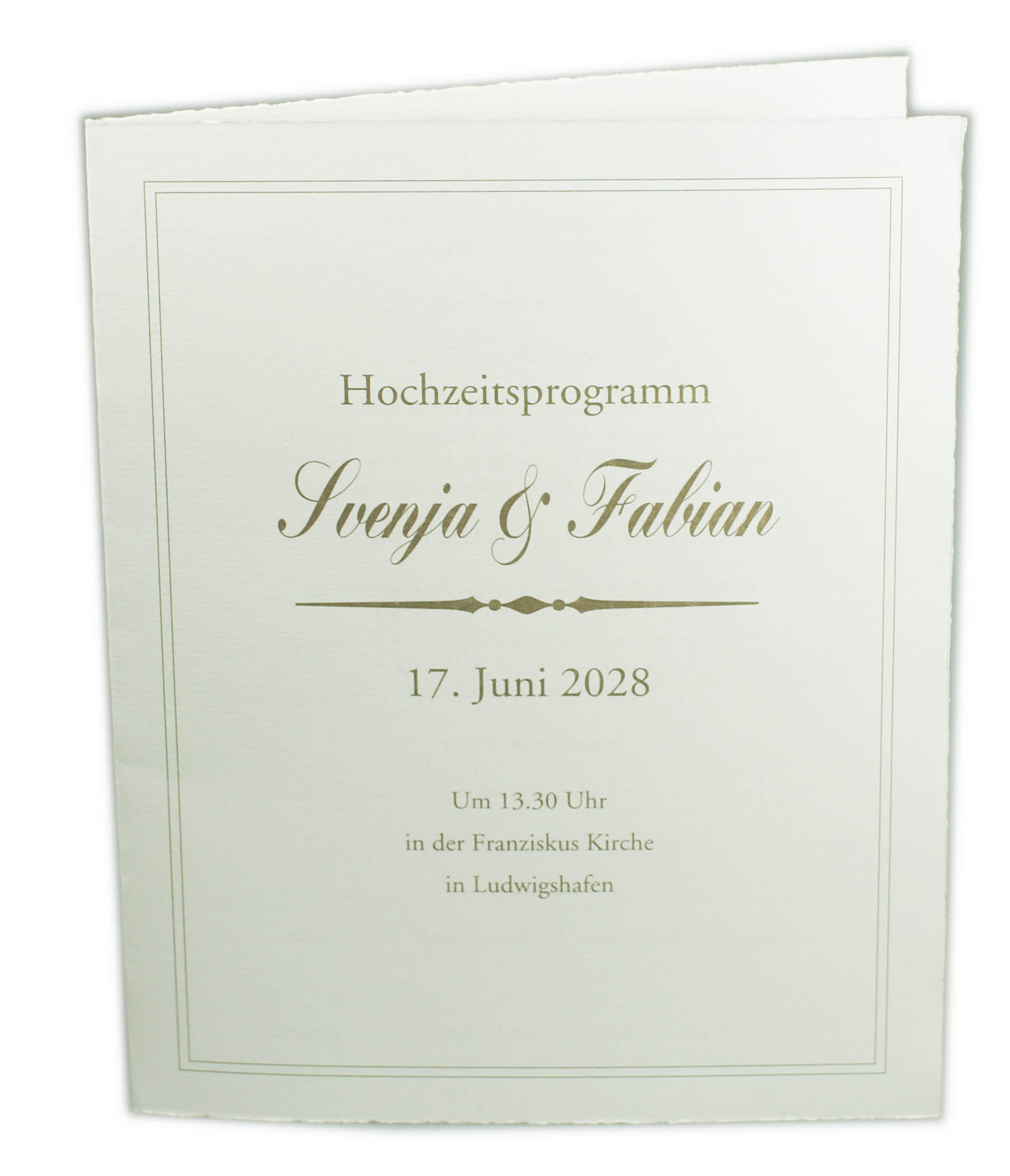 Büttenpapier Faltblatt im Beispiel in braun als Hochzeitsprogramm / Kirchenheft bedruckt