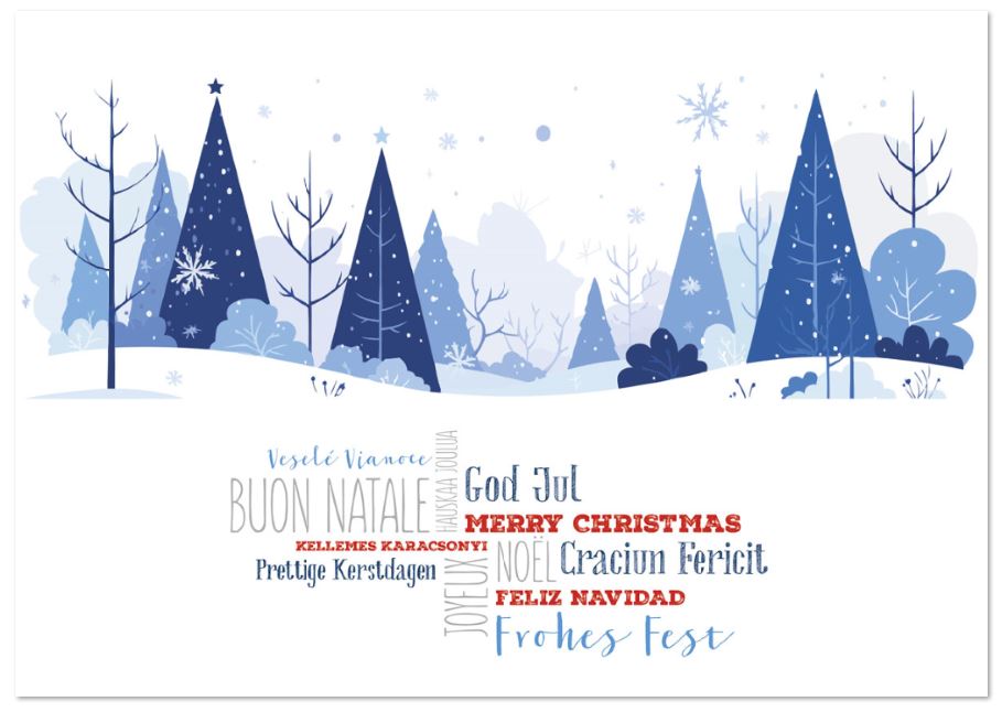 Spendenweihnachtskarte mit internationale Weihnachtsgrüßen und winterlichem Wald 