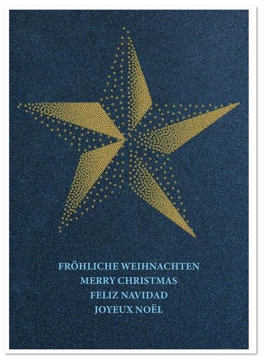 Blaue Weihnachtskarte mit Foliendruck in gold und blau von internationalen Grüßen und Stern