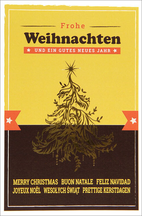 Weihnachtskarte mit Braun und Gelb, Goldfolienprägung und internationalen Weihnachtsgrüßen