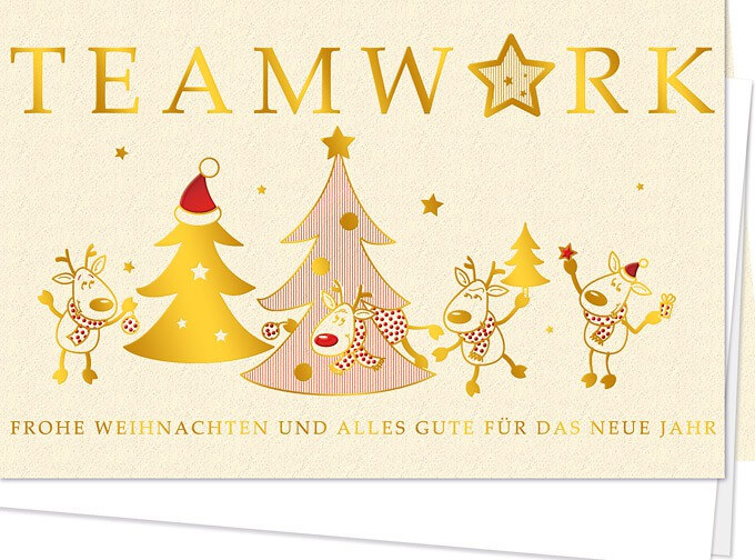 Fröhliche Team-Weihnachtskarte mit hüpfenden Rentieren in Gold- und Rotfolienprägung