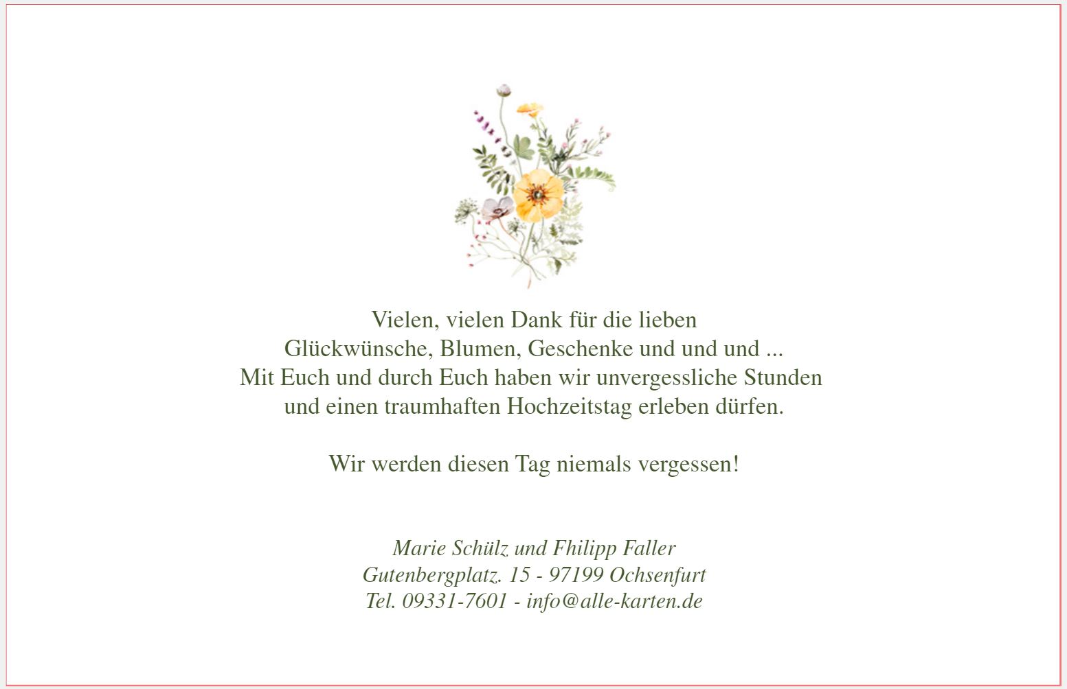 Rückseitendruck mit Muster-Danksagungstext nach der Hochzeit mit bunten Wiesen-Trockenblumen