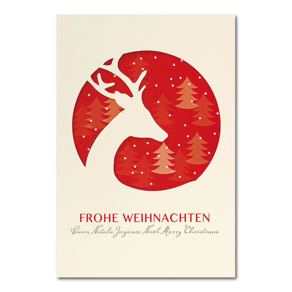 Weihnachtskarte creme mit Rentier und Weihnachtsbäumen und internationalen Weihnachtsgrüßen