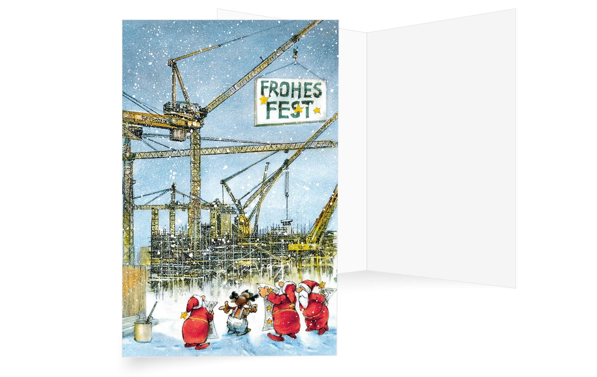 Lustige Branchenweihnachtskarte für Hochbau, Industriebau, Großbaustellen und Kranverleih