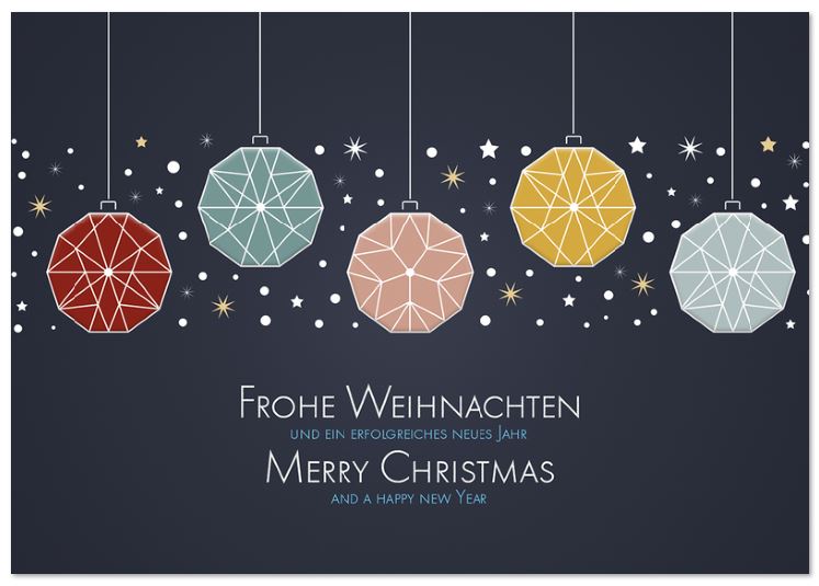 Firmen-Weihnachtskarte mit bunten Weihnachtskugeln und deutsch-englischem Weihnachtsgruß