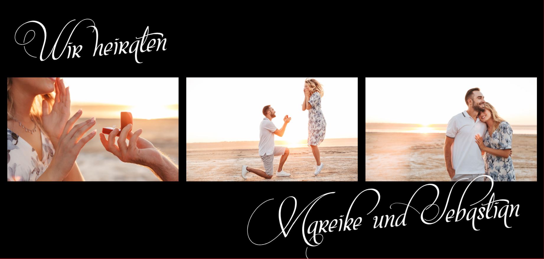 Einladungskarte zur Hochzeit mit eigenen Fotos, Namendruck und "Wir heiraten"