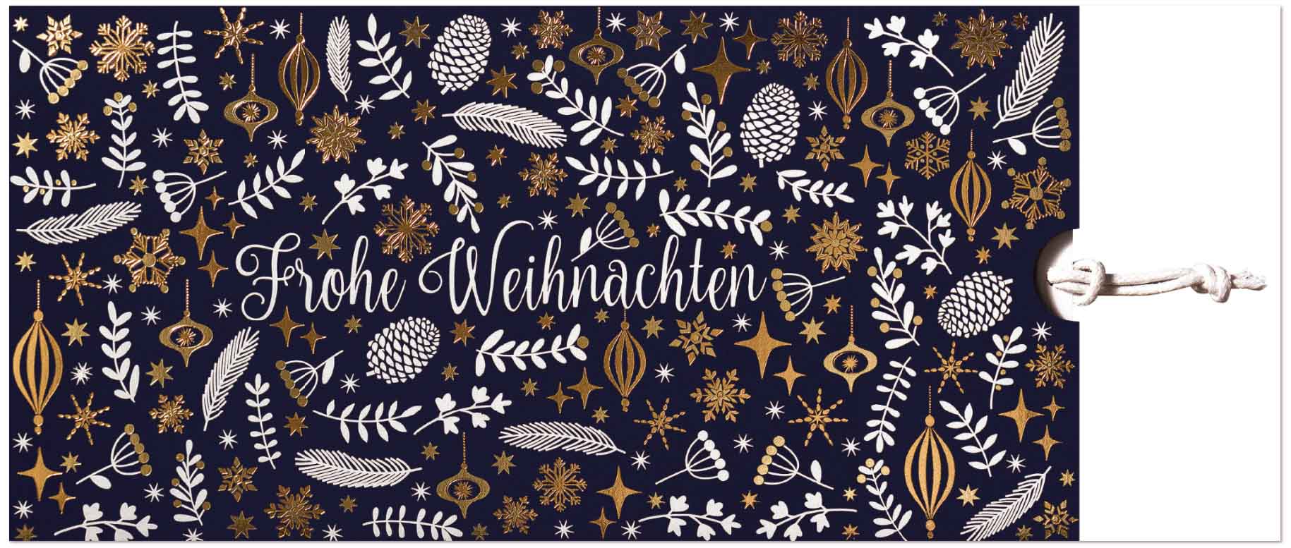 Blaue Weihnachtskarte DIN lang als Schiebekarte mit weißem Bändchen und Gruß