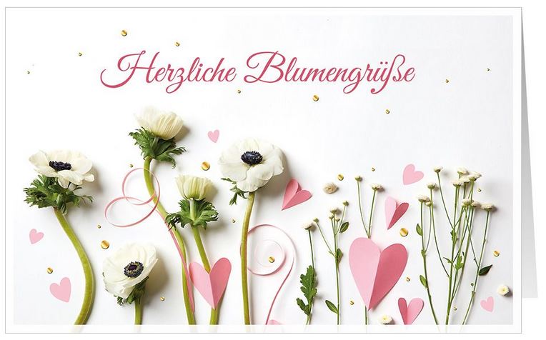 Liebevoll gestaltete Glückwunschkarte mit weißen Blumen, Herzen und "Herzliche Blumengrüße"