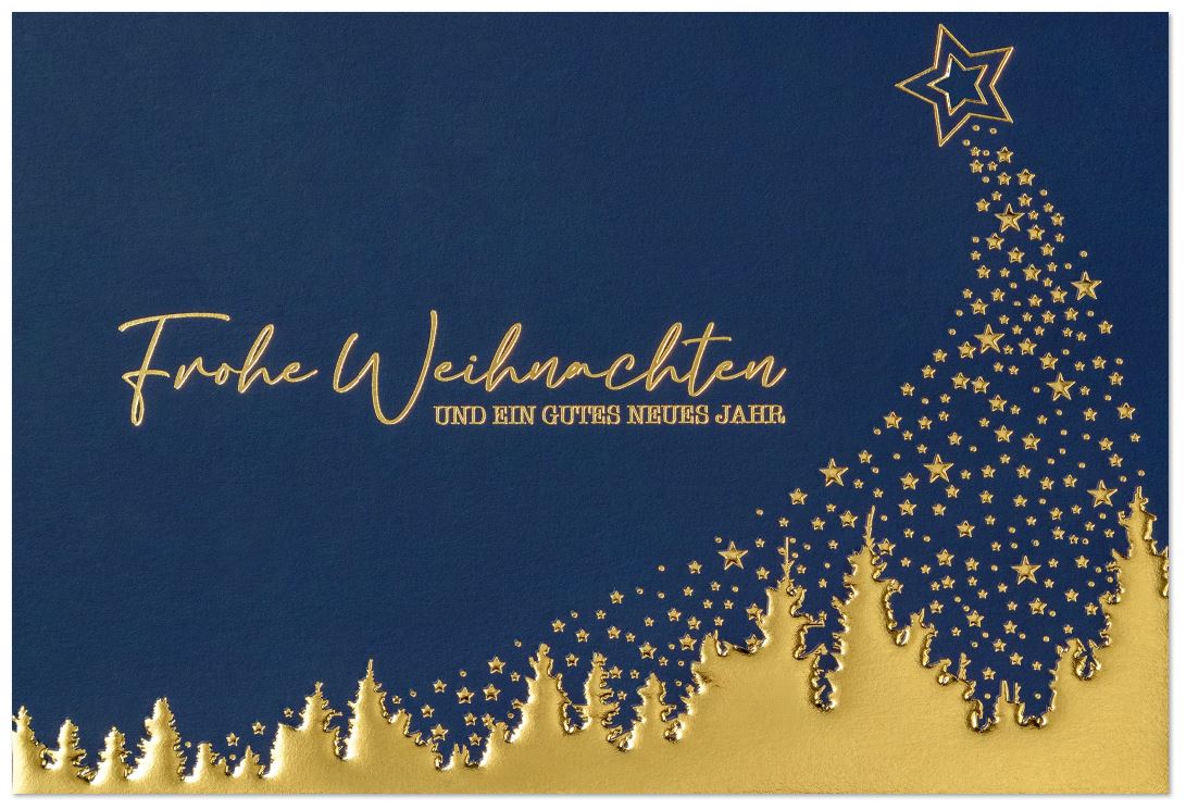 Elegante Weihnachtskarte in blau und gold mit vielen kleinen Sternen, Bäumen und Weihnachtsgruß