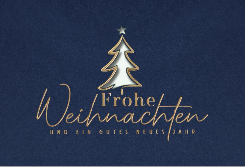 Dunkelblaue Weihnachtskarte mit Laserstanzung Baum, Goldfolienprägung und Einleger in weiß