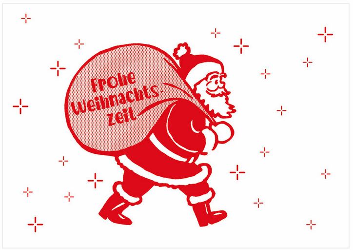 Lustige Spenden-Weihnachtskarte mit rotem Weihnachtsmann und gutem Zweck: Deutsche Kinder-Krebs-Stiftung