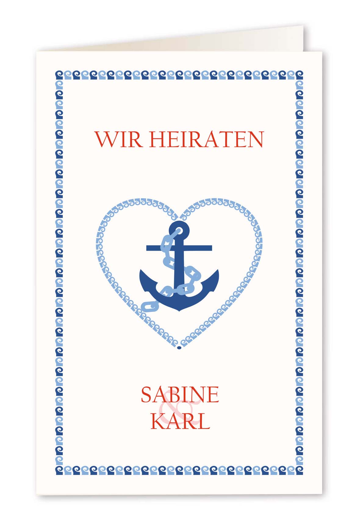 Maritime Hochzeits-Einladungskarte mit Anker und Kette im Herz, umrandet mit kleinen Wellen-Symbolen