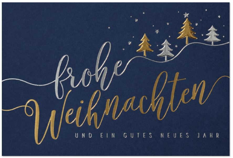 Blaue Weihnachtskarte mit Silber- und Goldfolienprägung inkl. Falteinlegeblatt