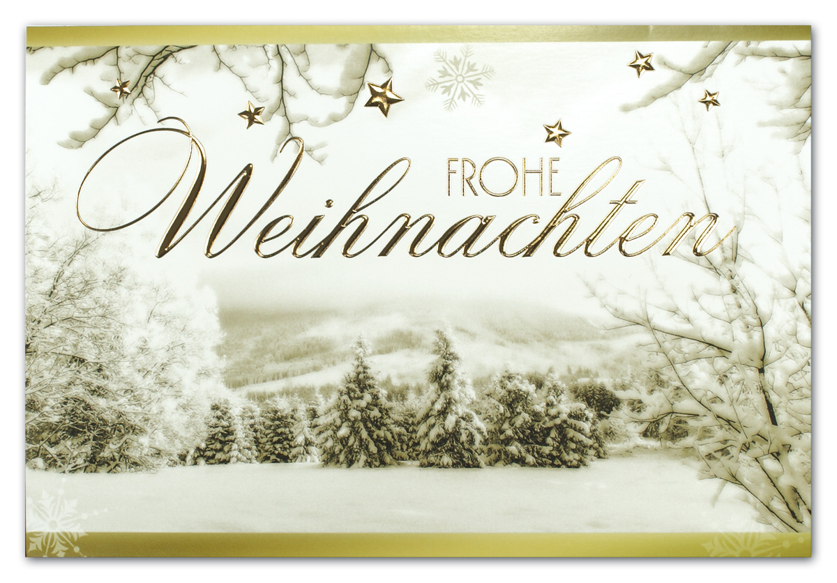 Weihnachtskarte mit verschneiter Winterlandschaft und Golfolienprägung Frohe Weihnachten