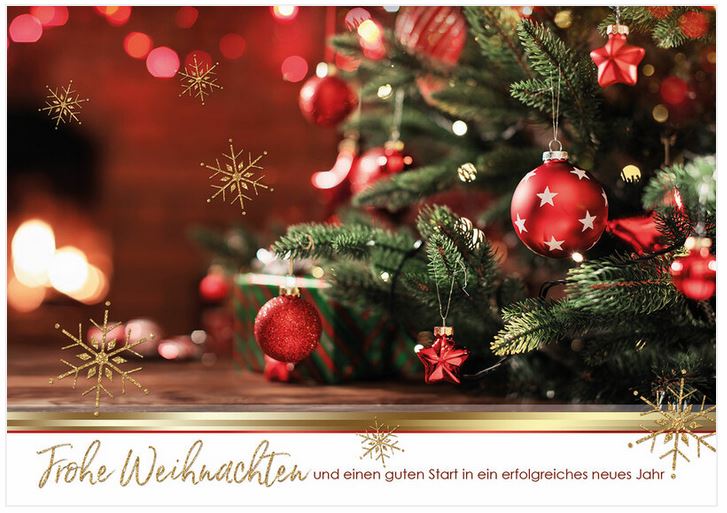 Klassische Weihnachtskarte für Firmen mit festlich geschmücktem Weihnachtsbaum und geschäftlichen Grüßen