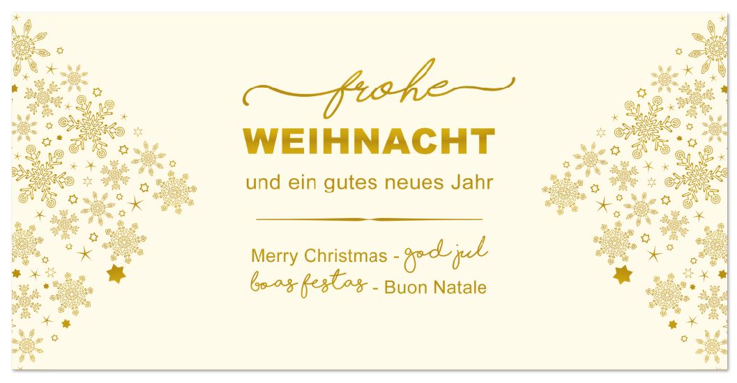 Internationale Weihnachtskarte in creme mit Goldfolienprägung von Gruß und Sternkristallen