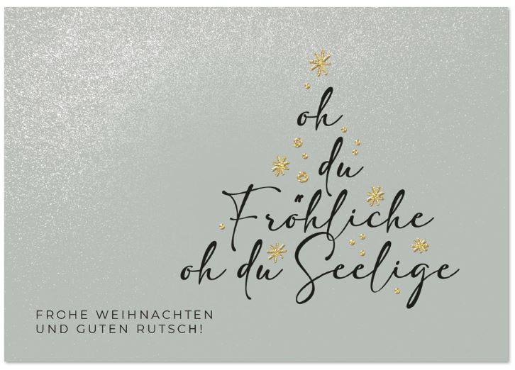 Silbergraue Weihnachtsgrußkarte mit Gruß und "Oh du Fröhliche, oh du Seelige", inkl. Einleger