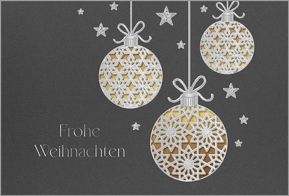 Elegante Weihnachtskarte in dunkelgrau mit silberner Prägung und Einlegeblatt in gold