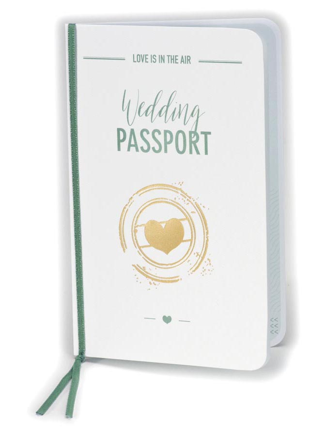 Hochzeitskarte als "Wedding Passport" in creme und grün mit eigenem Foto