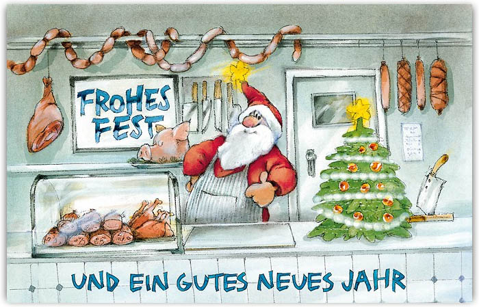 Lustige Weihnachtskarte als Branchenkarte für Metzgerei, Fleischerei und Wurstwaren