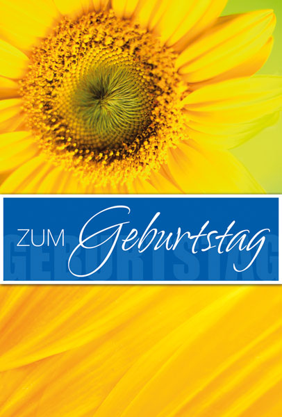 Glückwunschkarte zum Geburtstag mit gelber Sonnenblume und blauer Banderole