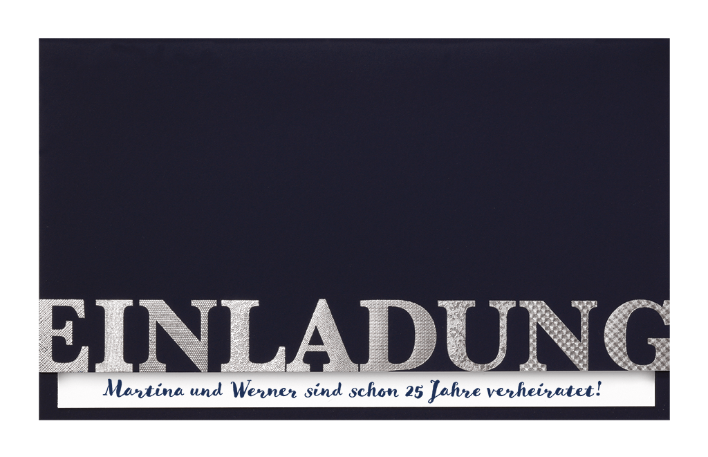 Stilvolle Einladungskarte dunkelblau mit "EINLADUNG" in silber für Silberhochzeit und Jubiläen