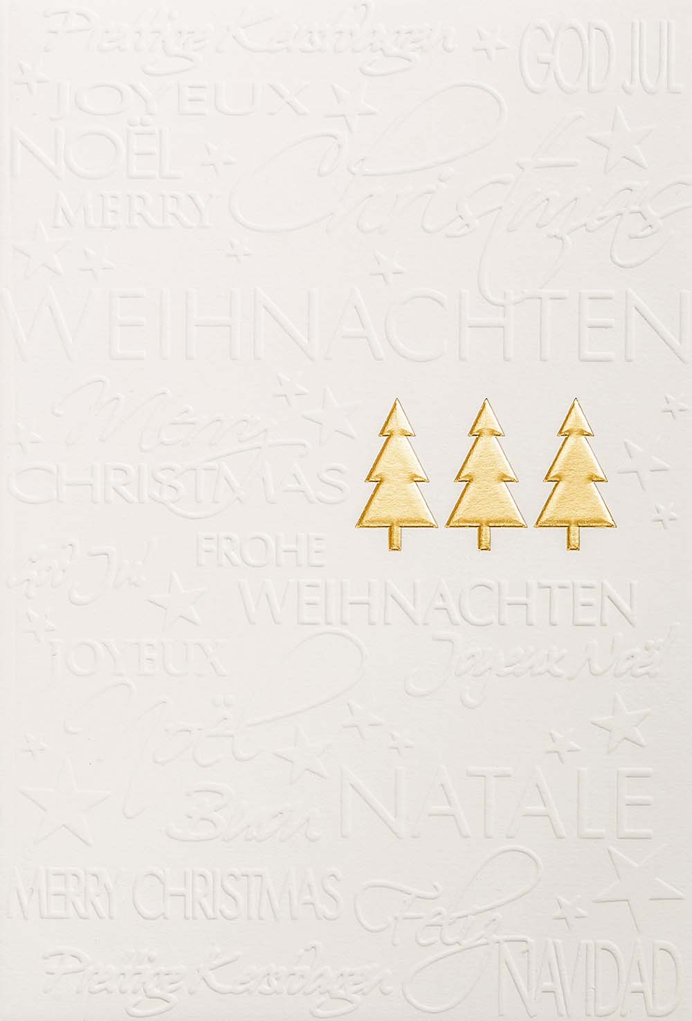 Mehrsprachige Weihnachtskarte mit Blindprägung und drei goldenen Tannenbäumen