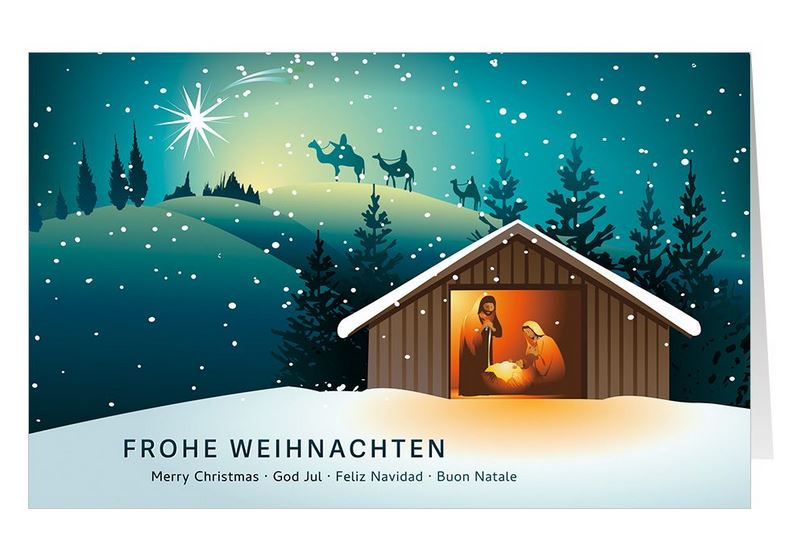 Christliche Weihnachtskarte mit der Krippe und den Heiligen Drei Königen aus dem Abendland, mehrsprachig