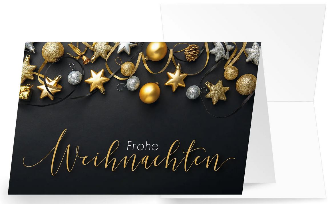 Moderne Spenden-Weihnachtskarte für Ärzte ohne Grenzen mit Kugeln und Sternen sowie Gruß