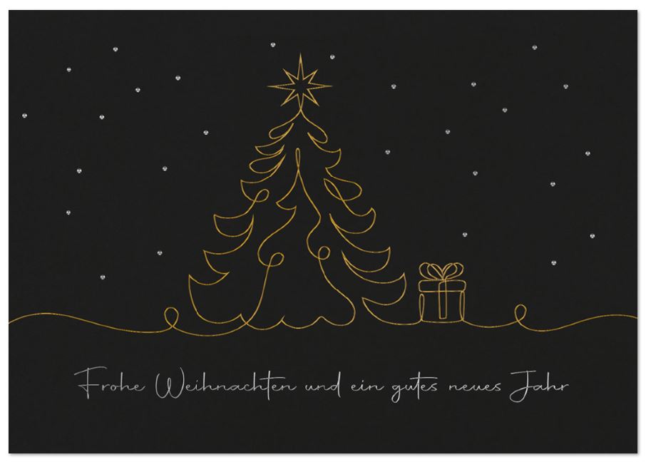 Moderne Weihnachtskarte in schwarz mit edler Prägung von Weihnachtsbaum, Geschenk und Weihnachtsgruß