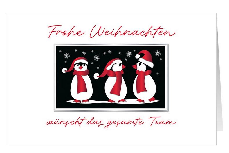 Firmenweihnachtskarte mit Teamgruß und putzigen Pinguinen im weihnachtlichen Look