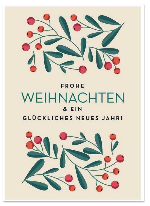 Cremeweiße Weihnachtskarte mit Weihnachtsgruß und roten Beerenfrüchten mit grünen Blättern