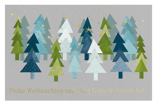 Weihnachtskarte mit goldener Folienprägung und einem Wald aus bunten Bäumen