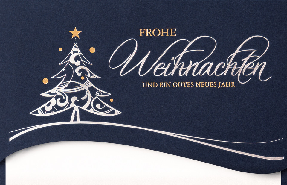 Weihnachtskarte nachtblau mit Platz für Firmenlogo - Weihnachtsbaum mit Konturstanzung