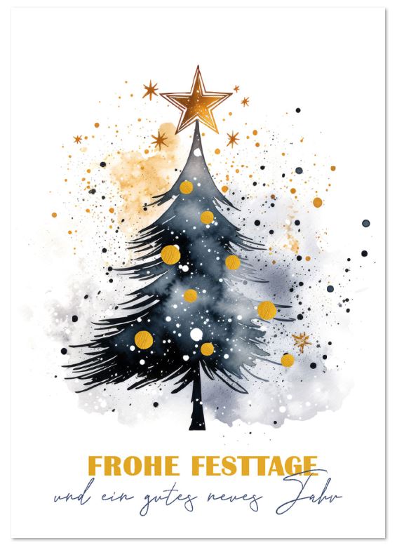 Weihnachtskarte im Aquarellstil: Festlicher Weihnachtsbaum mit Kugeln und Stern sowie Weihnachtsgruß