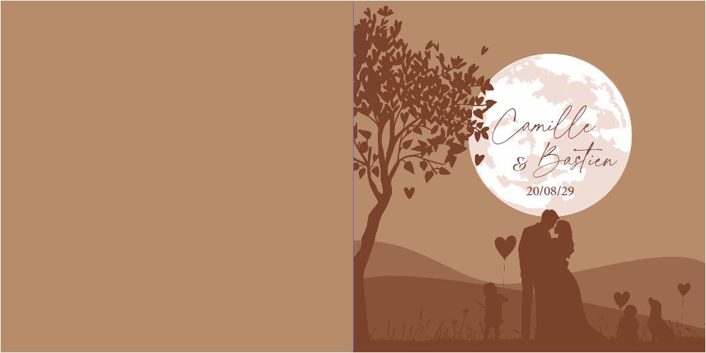 Vorderseite und Rückseite von Hochzeitskarte mit Vollmond, Silhouette und Baum aus kleinen Herzchen