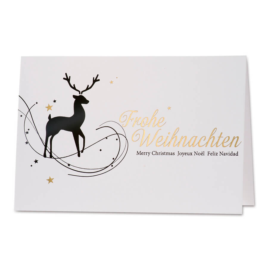 Mehrsprachige Weihnachtskarte in weiß mit schwarzem Hirsch und Goldfolienprägung