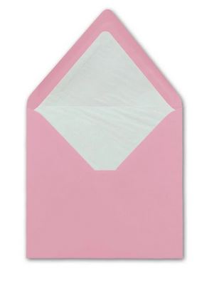 Briefumschlag in rosa mit spitzer, nassklebender Klappe und weißem Seidenfutter 16 x 16 cm