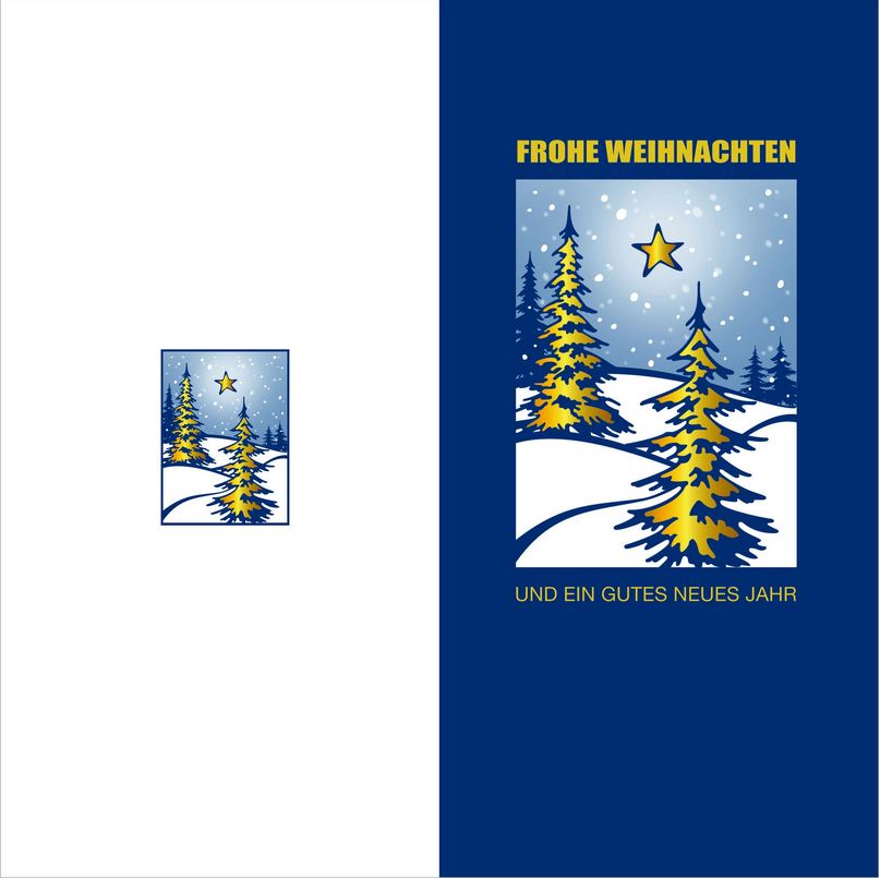 Vorderseite und Rückseite von blauer Weihnachtskarte mit Tannen im Schnee, DIN lang Hochformat