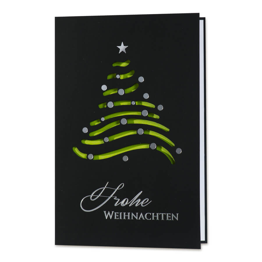 Schwarze Weihnachtskarte mit grünem Falteinleger und Foliendruck in silber im modernen Stil